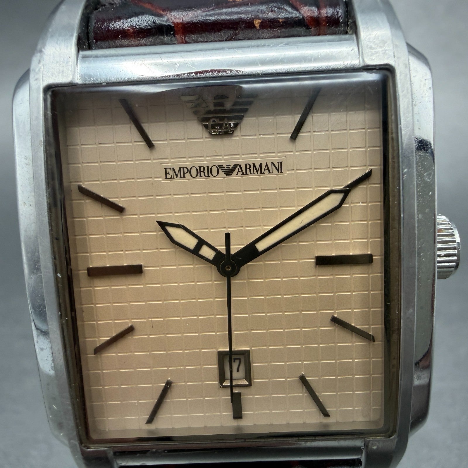 Emporio Armani Tank Watch Men 35mm Cream Dial Steel Date Rectangle AR-0477 Works1