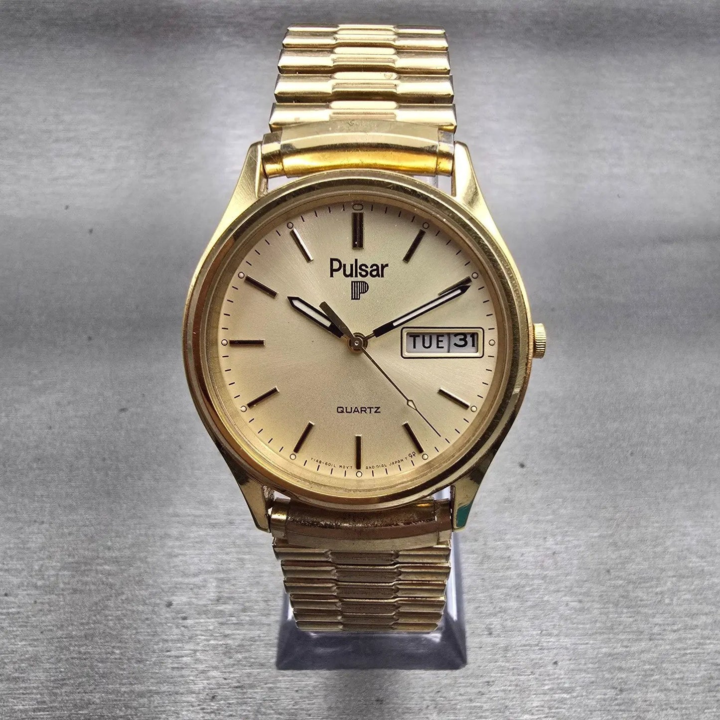 Seiko Pulsar Watch Men 34mm Champagne Dial Gold Tone Daydate Y148-6019 New Batt1