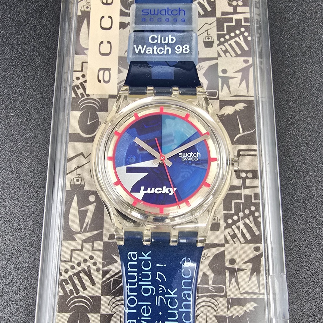 Swatch Access Lucky 7 Watch Men 34mm Blue Dial Clear Case SKZ116 New Battery NOS1