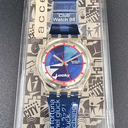 Swatch Access Lucky 7 Watch Men 34mm Blue Dial Clear Case SKZ116 New Battery NOS1