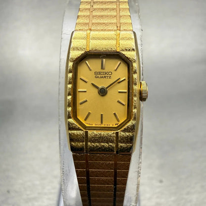 Seiko Watch Women 12mm Gold Dial Gold Tone Rectangle 2E20-5129 New Battery VTG0
