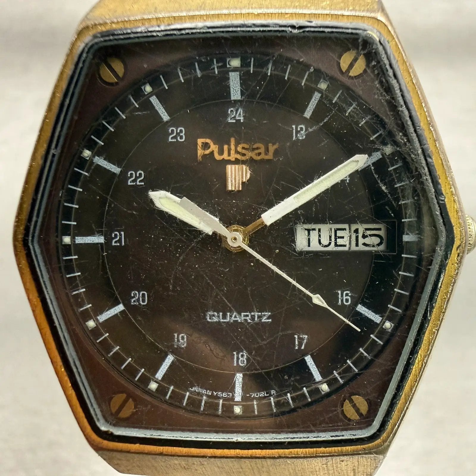 Seiko Pulsar Watch Men 36mm Brown Dial Gold Daydate Hexagon Y563-7029 New Batt1