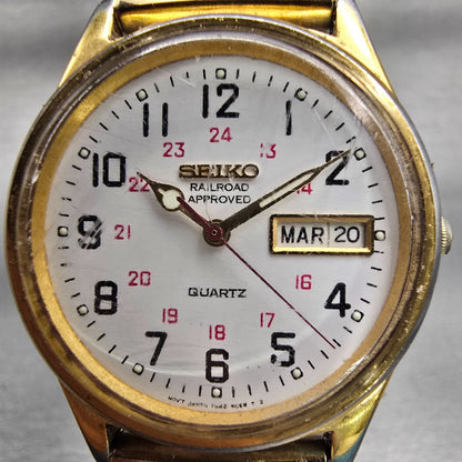 Seiko Railroad Approved Watch Men 35mm White Dial Daydate 7N43-8A39 New Battery1