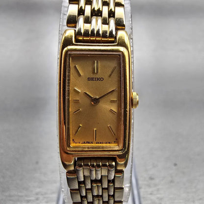 Seiko Watch Women 13mm Gold Dial Gold Tone Rectangle 2E20-7023 New Battery VTG0