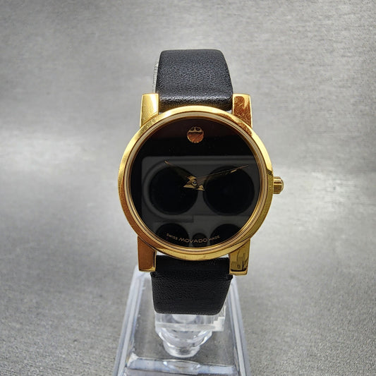 Movado Muesum Watch Women 25mm Black Dial Gold Tone Round 87 A1 845 New Battery0