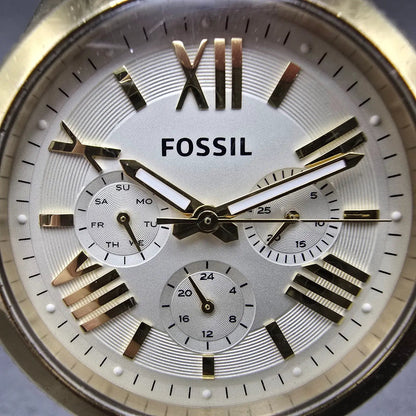 Fossil Cecile Watch Women 40mm Cream Dial Gold Tone Daydate AM4510 New Battery J1