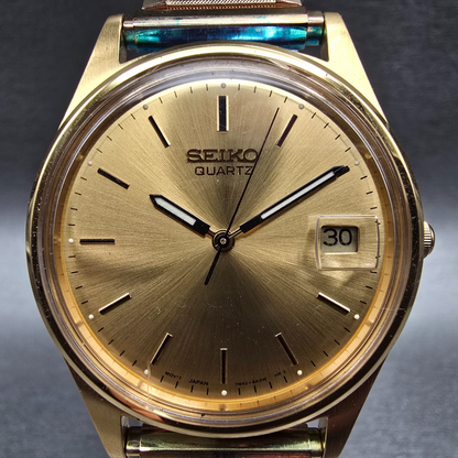 Seiko Watch Men 35mm Gold Dial Gold Tone Date Round 7N42-8A39 New Battery1