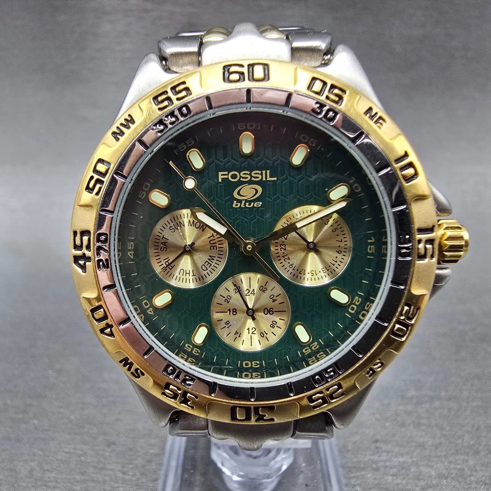 Fossil Blue Watch Men 40mm Green Dial Two Tone Daydate BQ-8776 New Battery0