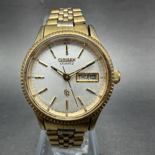 Citizen CQ Watch Women 25mm Silver Dial Gold Tone Daydate Round New Battery VTGA0