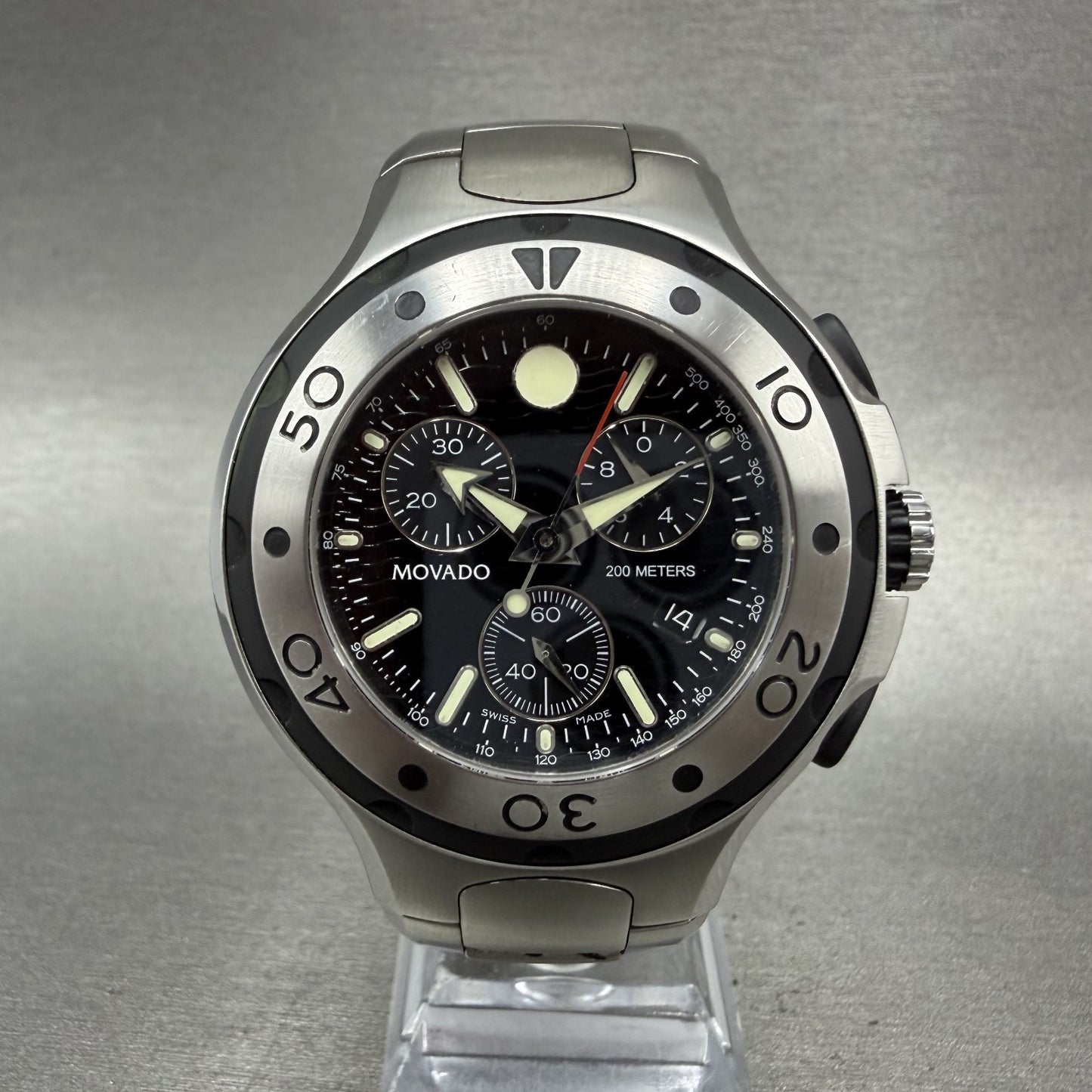 Movado Series 800 chronograph Watch Men 46mm Black Dial Steel Date READ!!!! Runs0