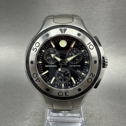 Movado Series 800 chronograph Watch Men 46mm Black Dial Steel Date READ!!!! Runs0