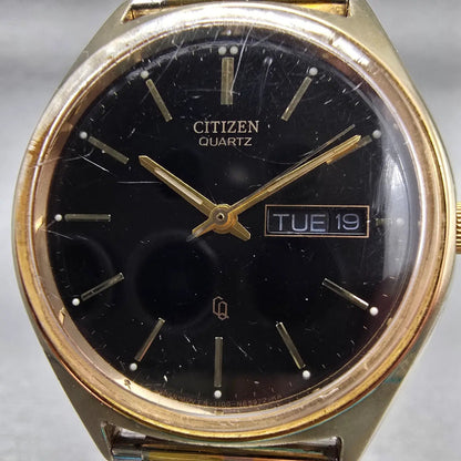 Citizen CQ Watch Men 35mm Black Dial Gold Tone Daydate Round 1100-S63812 New Bat1
