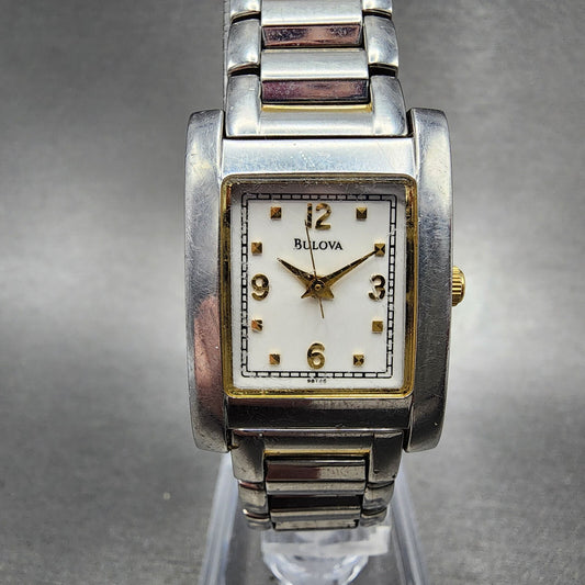 Bulova Tank Watch Women 21mm White Dial Two Tone Rectangle 98T49 New Battery0