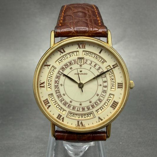 Movado Watch Men 33mm Cream Dial Gold Tone Daydate Round 87-56-885 New Battery0