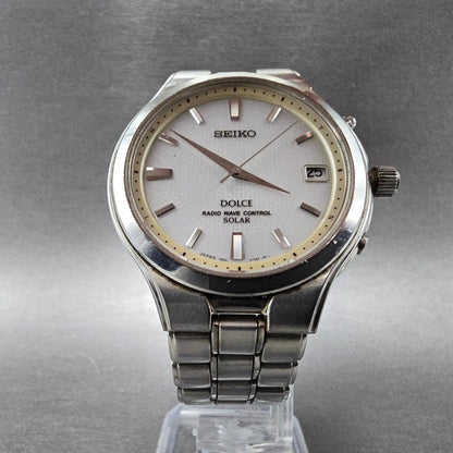 Seiko Solar Watch Men 38mm White Dial Silver Tone Date Atomic 7B22-0AK0 READ!!!!6