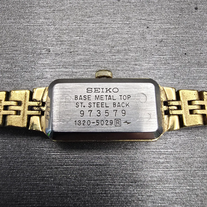 Seiko Watch Women 12mm Gold Dial Gold Tone Rectangle 1320-5029 New Battery VTG10