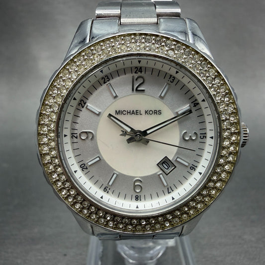 Michael Kors Madison Watch Women 33mm MOP Dial Silver Tone Date MK-5401 New Batt0