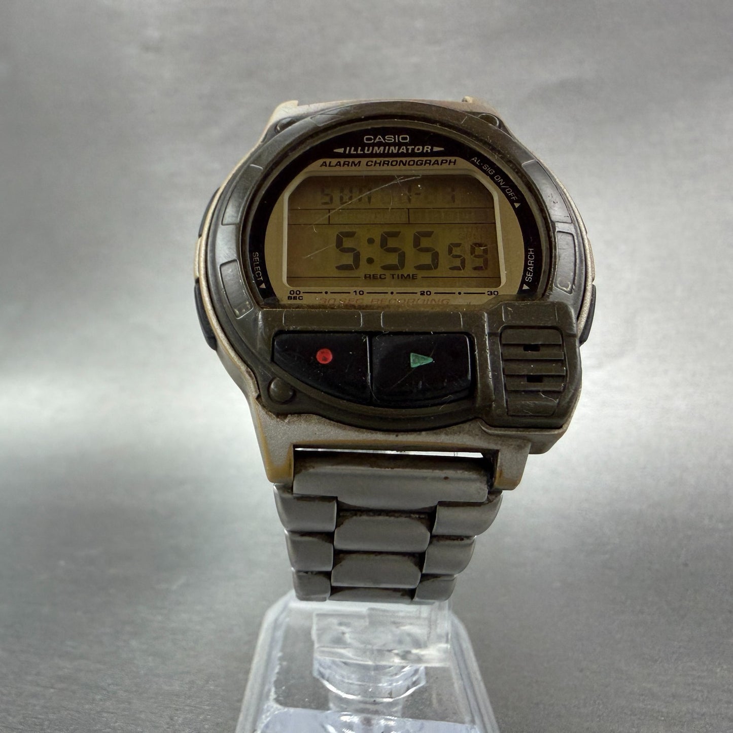 Casio F-V3 Voce Recorder Watch Men 42mm Silver Tone Digital Alarm Chrono New Bat5