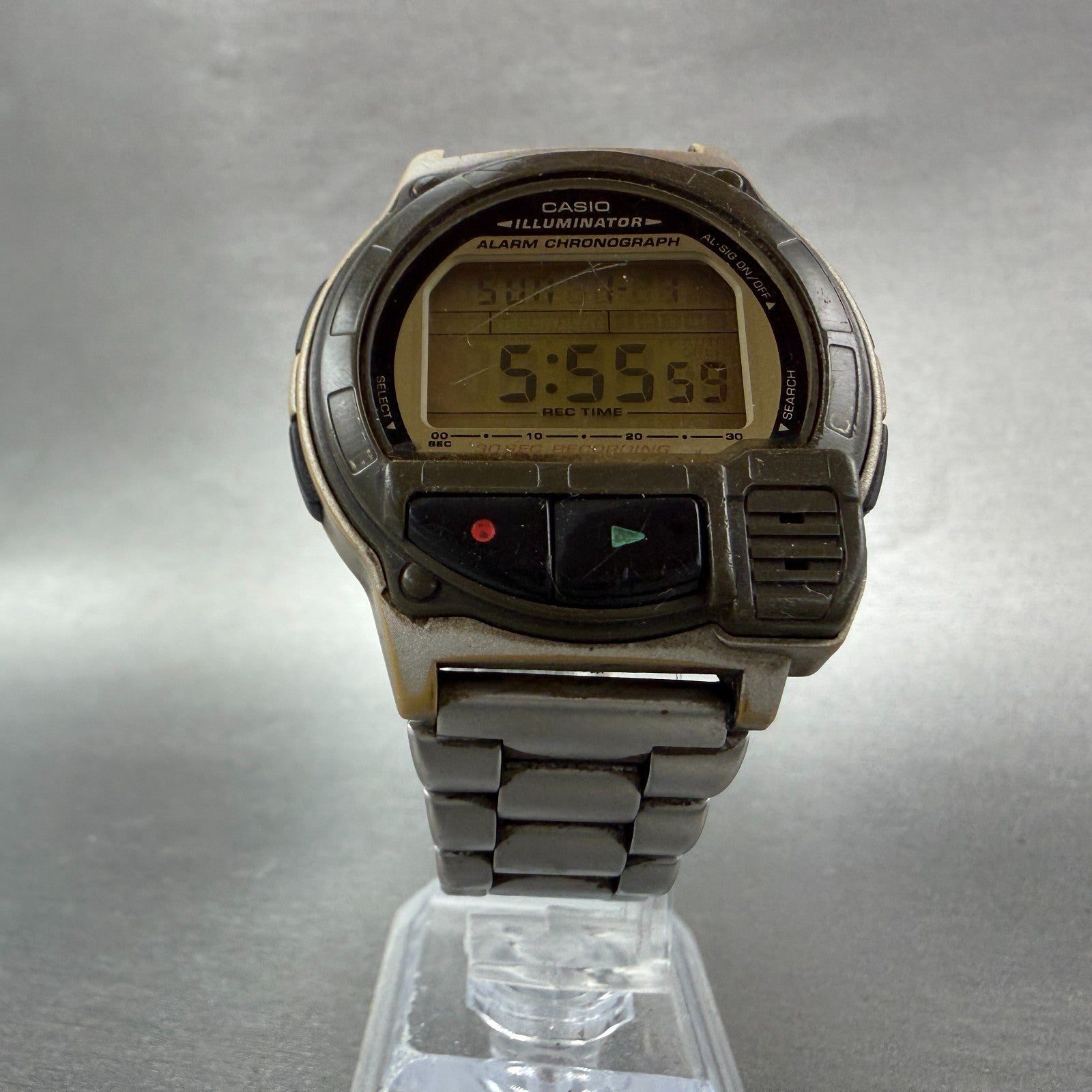 Casio F-V3 Voce Recorder Watch Men 42mm Silver Tone Digital Alarm Chrono New Bat5