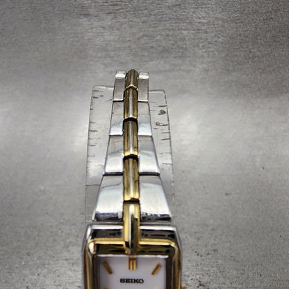 Seiko Solar Tank Watch Women 15mm White Dial Two Tone Rectangle V1160ah0 Runs A4