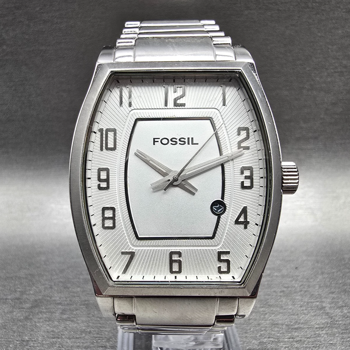 Fossil Arkitekt Watch Men 38mm Silver Dial Silver Tone Date FS-4380 New Battery0