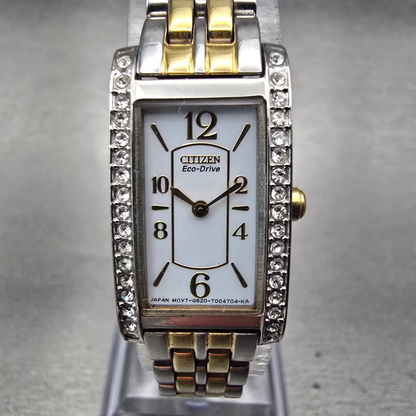 Citizen Eco-Drive Tank Watch Women 14mm White Dial Gemmed Rectangle G620 Works0