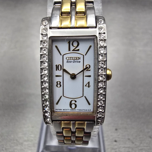 Citizen Eco-Drive Tank Watch Women 14mm White Dial Gemmed Rectangle G620 Works0