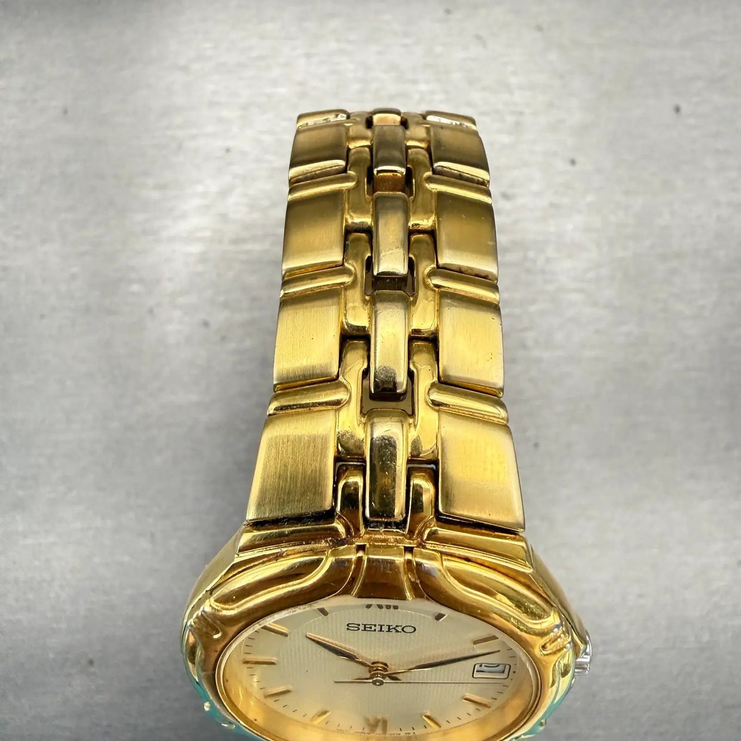 Seiko Watch Men 36mm Ivory Dial Gold Tone Date Round 7N42-6C10 New Battery VTG4