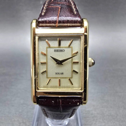 Seiko Solar Tank Watch Women 18mm Champagne Dial Gold Tone V115-0BD0 Runs JP0