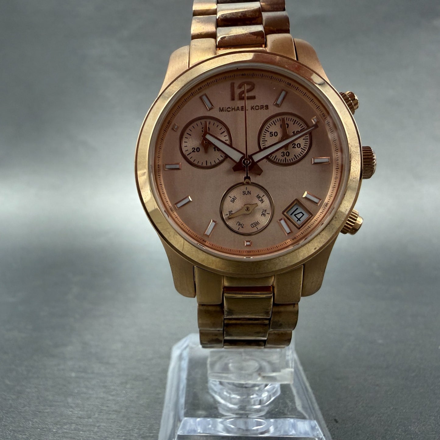 Michael Kors Runway Chronograph Watch Women 33mm Rose Dial Rose Gold Tone NewBat5