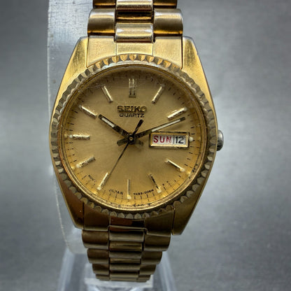 Seiko Watch Women 25mm Gold Dial Gold Tone Daydate Round 7N83-0041 New Battery 90