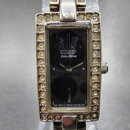 Citizen EcoDrive Tank Watch Women 14mm Black Dial Steel Rectangle Crystals Runs1