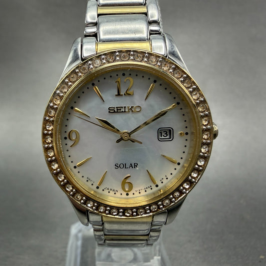 Seiko Solar Watch Women 28mm MOP Dial Two Tone Date Round V137-0AA0 Runs Diamond0