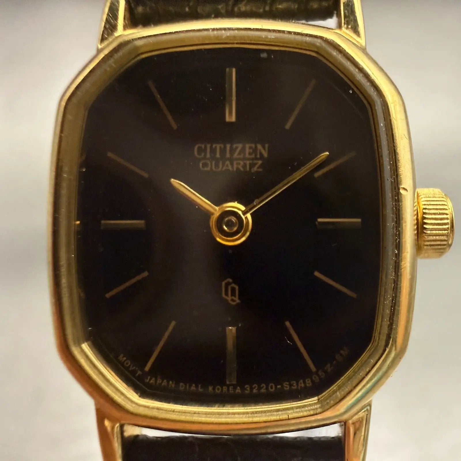 Citizen CQ Watch Women 17mm Black Dial Gold Tone Rectangle 3220-893476 New Batt1
