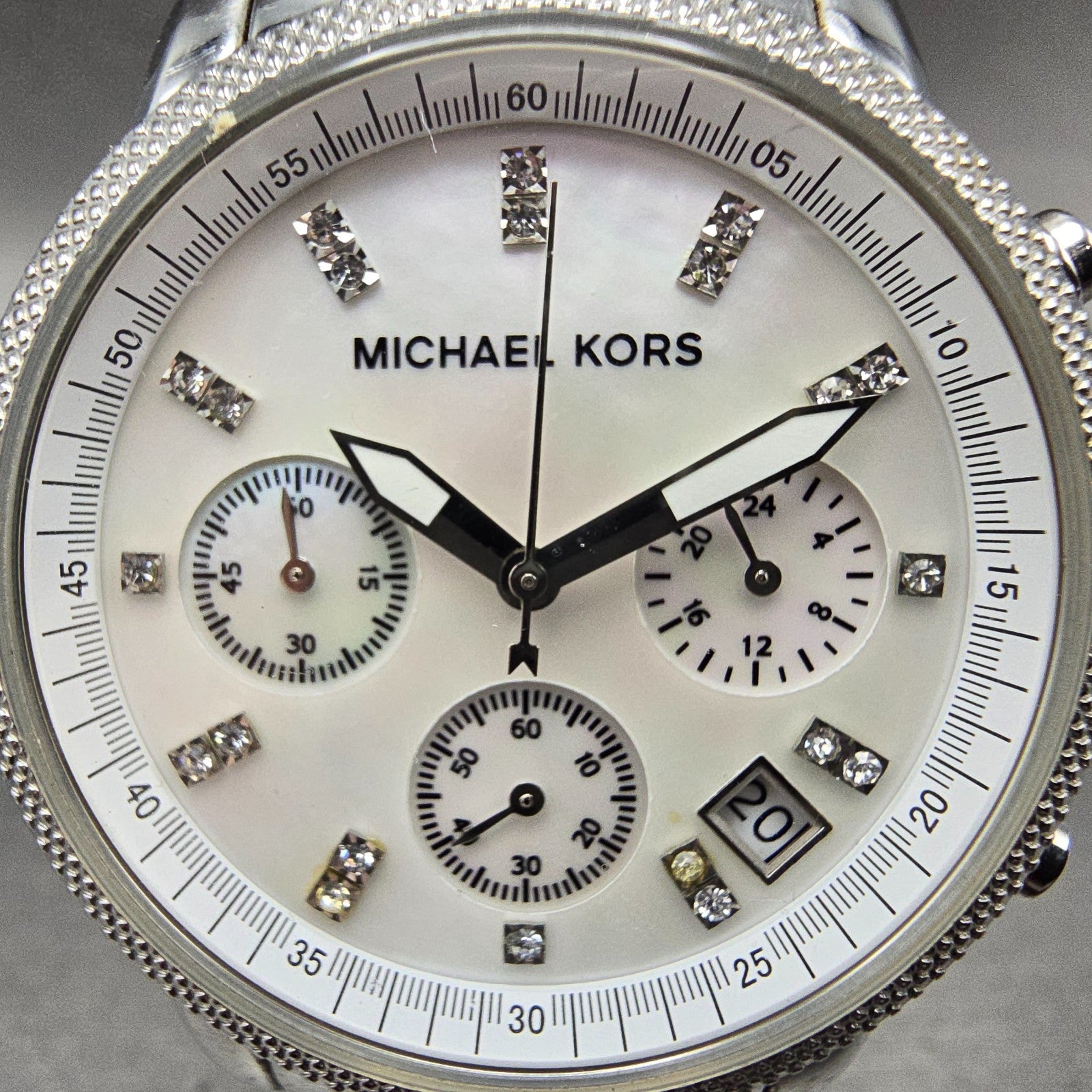 Michael Kors Ritz Chronograph Watch Women 37mm MOP Dial Silver Tone New BatteryW2