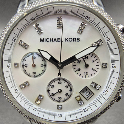 Michael Kors Ritz Chronograph Watch Women 37mm MOP Dial Silver Tone New BatteryW2