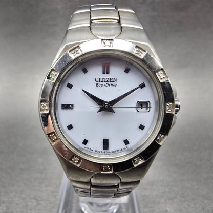Citizen Eco-Drive Watch Women 25mm White Dial Silver Tone Date E011-S033705 JP0