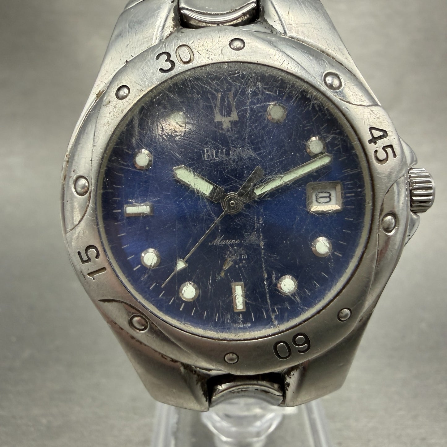 Bulova Marine Star Watch Men 37mm Blue Dial Steel Date Round 96B49 New Battery0