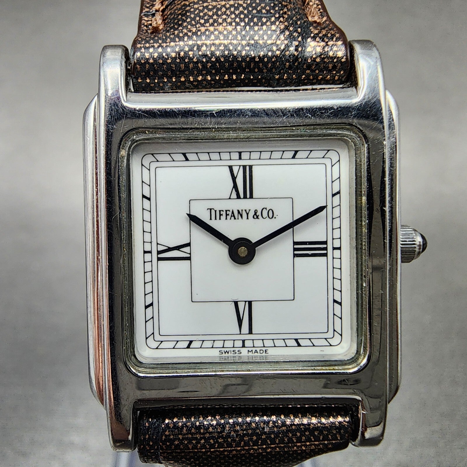 Tiffany & Co Tank Watch Women 23mm White Dial Steel Leather Band New Battery1