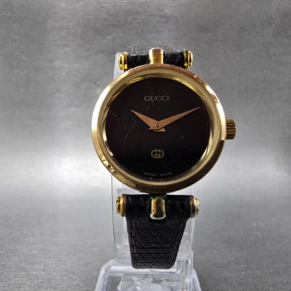 Gucci 2000L Watch Women 22mm Black Dial Gold Plated Round New Battery VTG BQWE6
