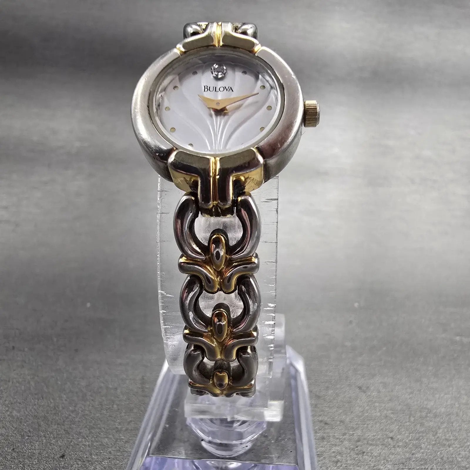 Bulova Watch Women 20mm Silver Dial Two Tone Diamond Round 98P15 New Battery P5