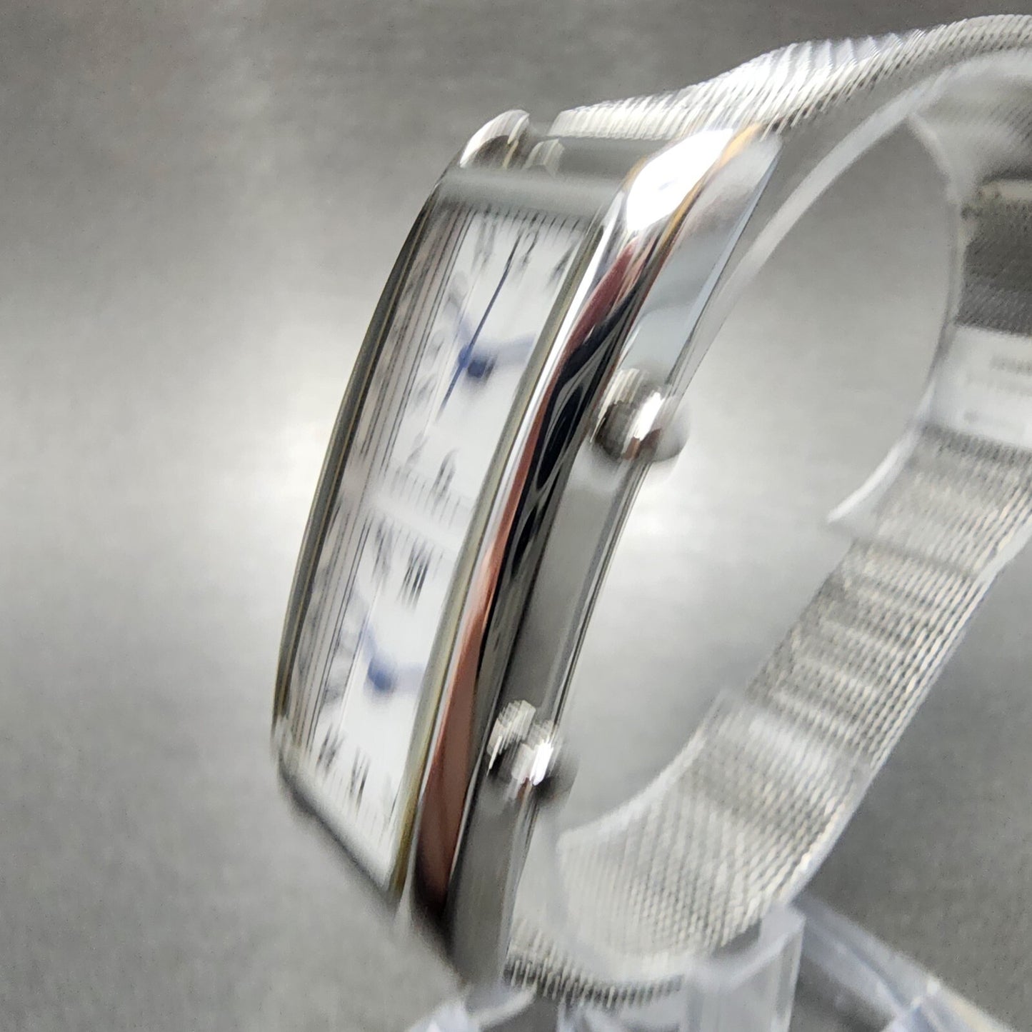 ANA Dual Time Tank Watch Women 19mm White Dial Steel Rectangle Mesh Band New Bat2