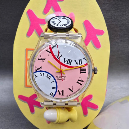 Swatch Special Eggsdream Watch Men 34mm Pink Dial Clear Case GZ128 New Batt NOS1