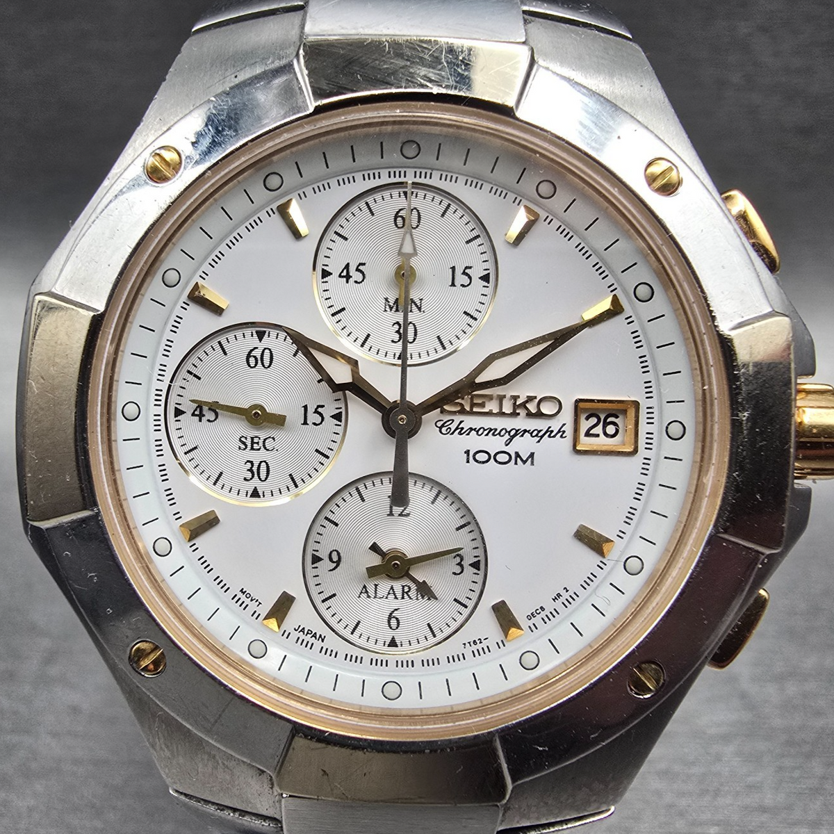 Seiko Chronograph Watch Men 39mm White Dial Two Tone Date Round 7T62-0DP0 NewBat1