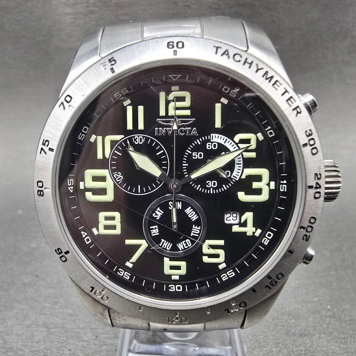 Invicta Chronograph Watch Men 44mm Black Dial Steel Daydate Round New Battery0