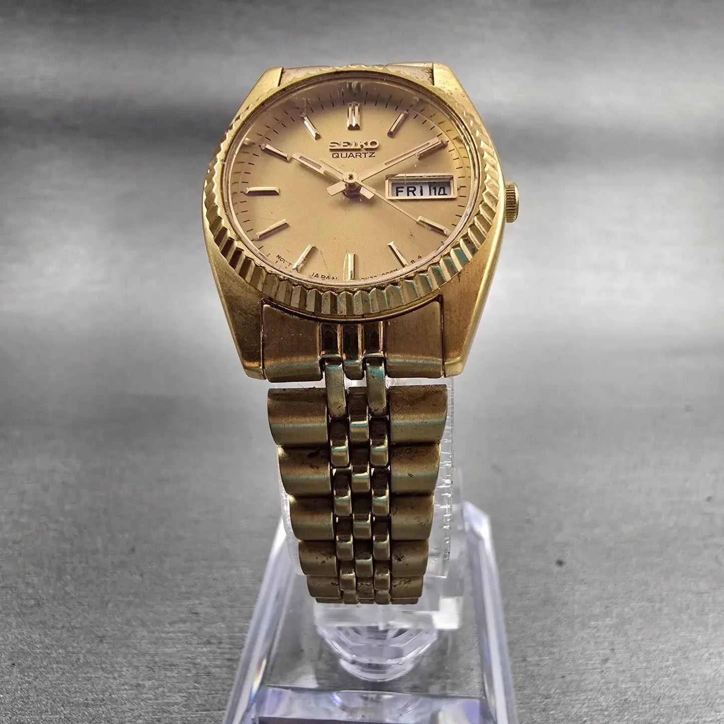 Seiko Watch Women 24mm Gold Dial Gold Tone Daydate Round 7N83-0041 New Battery5