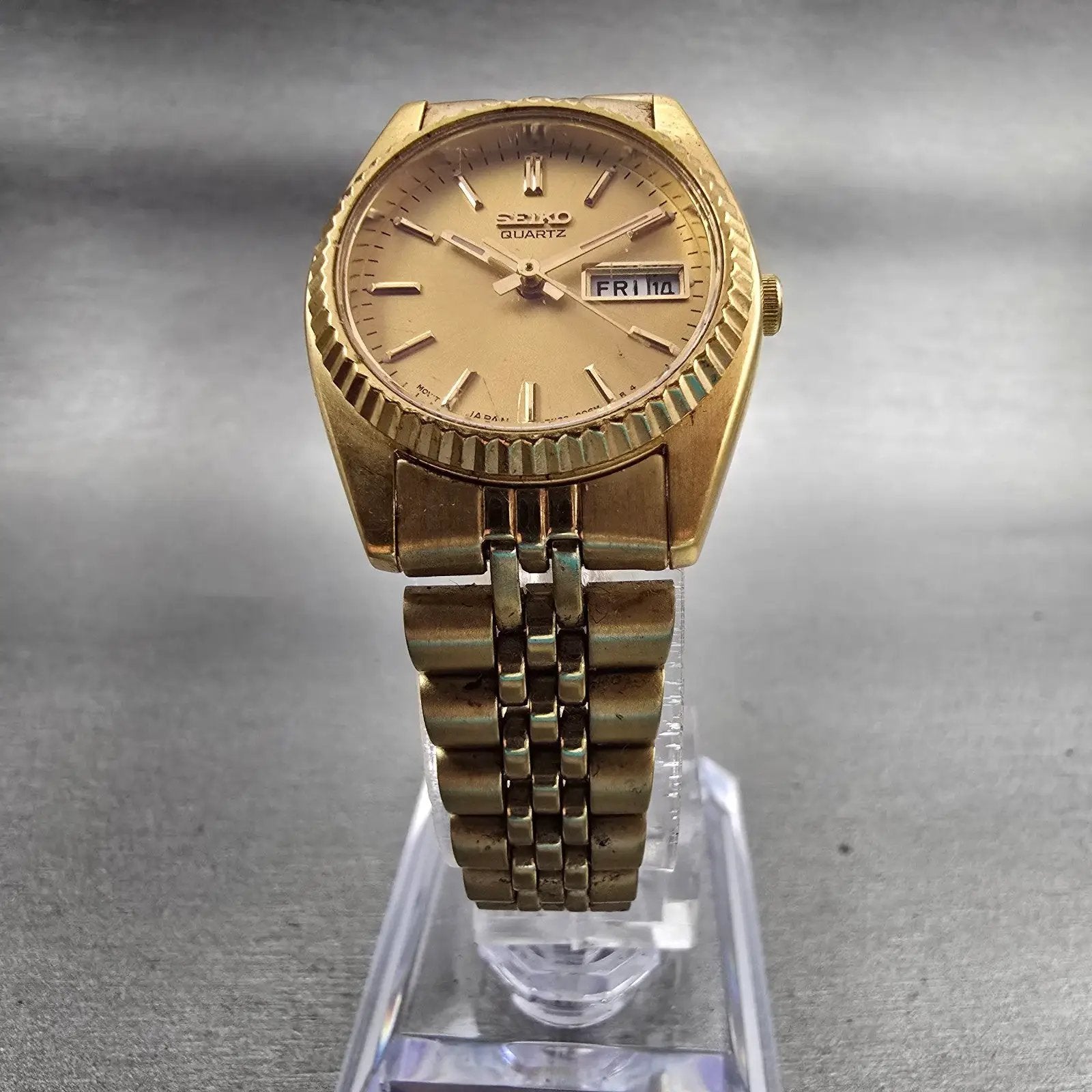 Seiko Watch Women 24mm Gold Dial Gold Tone Daydate Round 7N83-0041 New Battery5