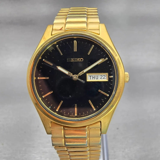 Seiko Watch Men 37mm Black Dial Gold Tone Daydate Round 7N43-9048 New Battery0