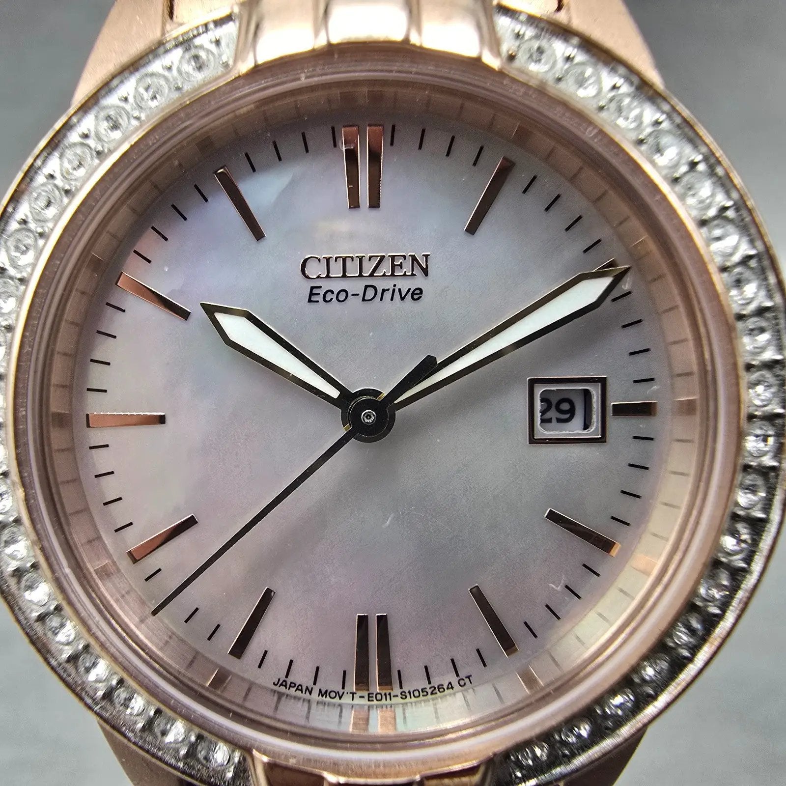 Citizen Eco-Drive Watch Women 29mm MOP Dial Rose Gold Tone Date E011-S095913 Run1