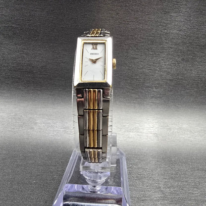 Seiko Watch Women 13mm White Dial Two Tone Rectangle V220-6769 New Battery5